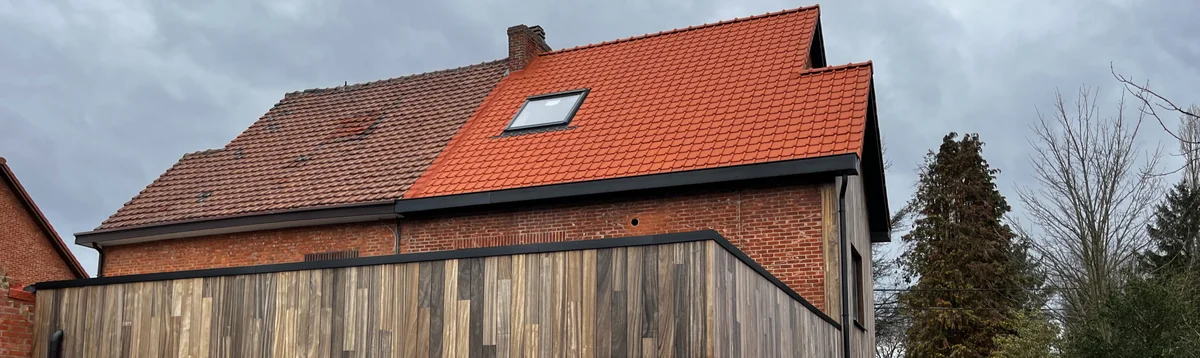 Rood pannendak met dakraam boven gevelbekleding
